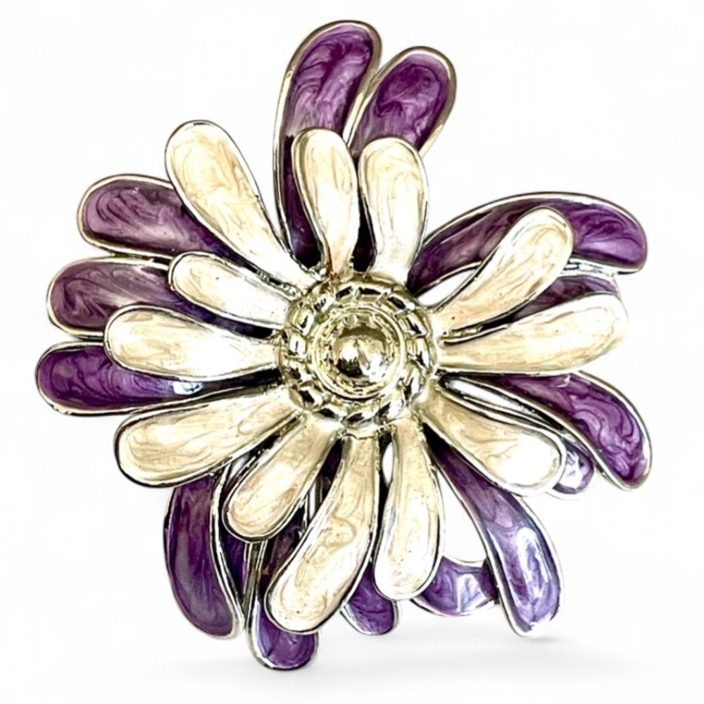 Vintage Purple & Ivory Marbled Enamel Flower Brooch 2” Silver Tone Floral Pin